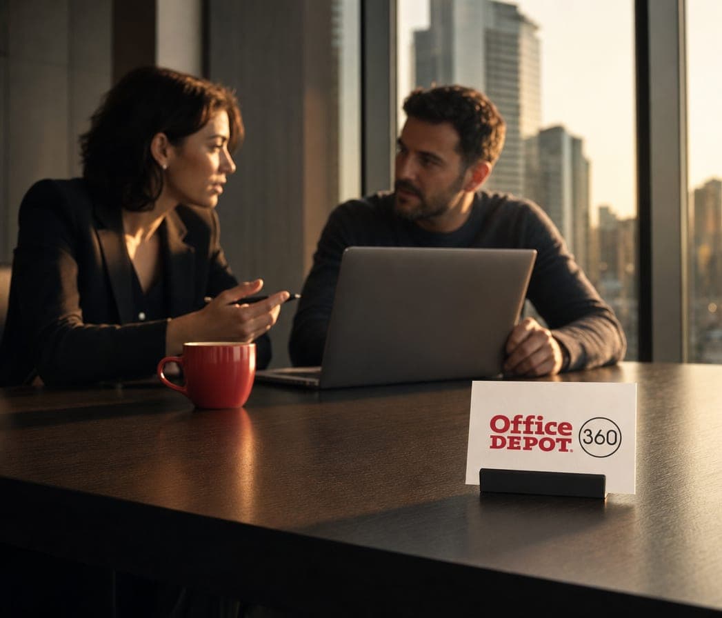 Two colleagues talk over a laptop beside an Office Depot 360 desk sign