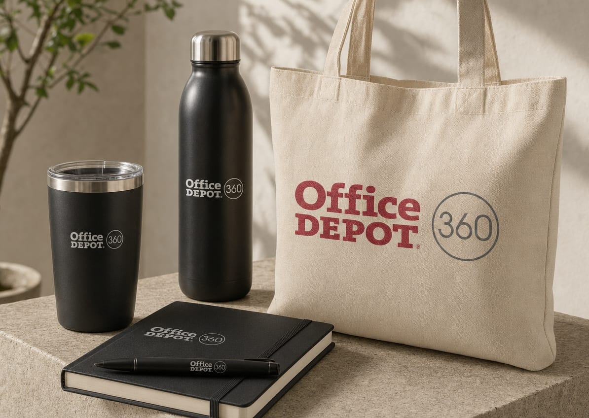 Office Depot 360 tumbler, water bottle, tote bag, notebook and pen