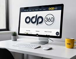 A rebranded ODP360 webstore homepage on a desktop monitor at a clean workspace